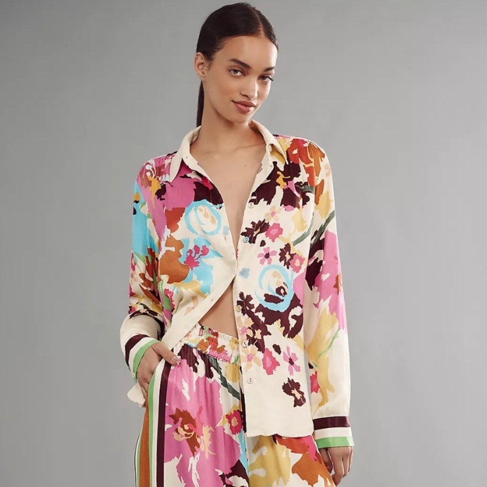 Anthropologie Conditions Apply Blooming Long-Sleeve Collared Blouse Floral M NWT